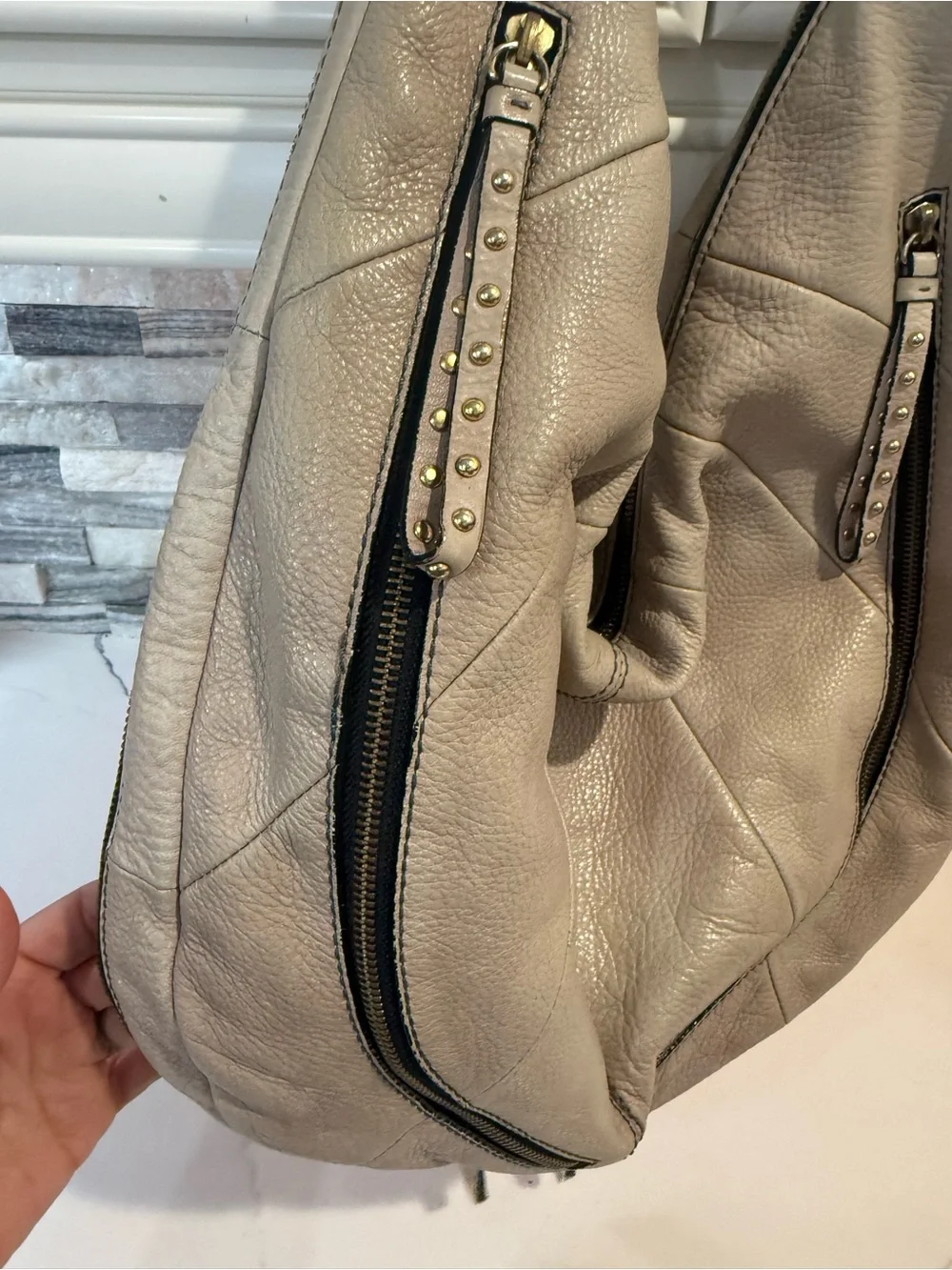orYANY Cream Leather Hobo Bag with Studded Hardware